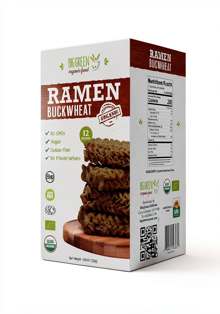 Big Green Organic Buckwheat Ramen package displayed on a kitchen counter
