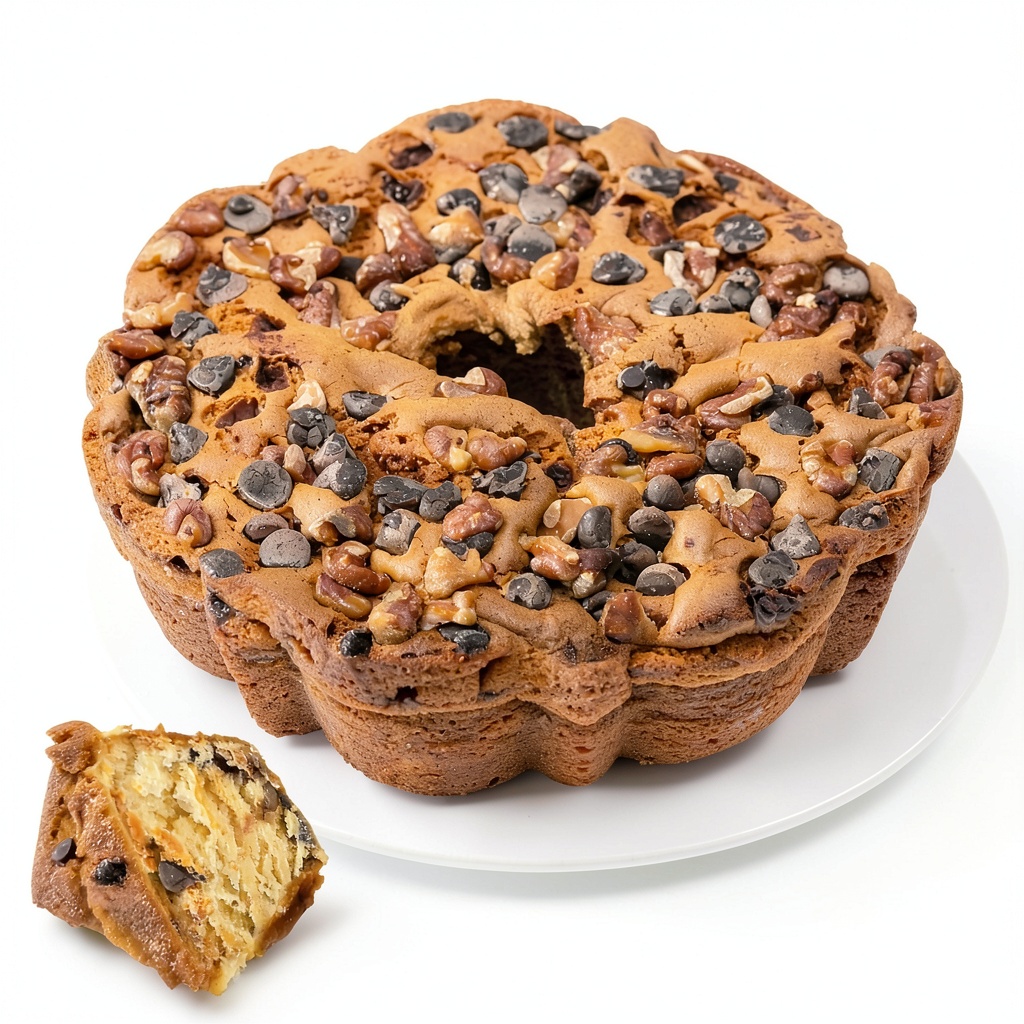 'Chocolate chip coffee cake slice on a plate with coffee'
