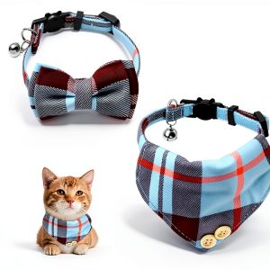 Mini Cat Bandana - Cat Bow Tie Collar with Bell & Bowtie, Breakaway Cat Collars Kitten Bow Tie with Safety Buckle, Adjustable Small Puppy Collar Soft Corduroy Kitten Collars for Girl & Boy Cats-0